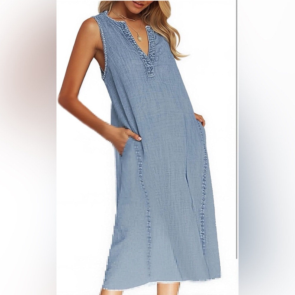 #38. Sleeveless Denim Midi Dress Jean Jumper A Line Tunic Sundress Western Long - Picture 2 of 9
